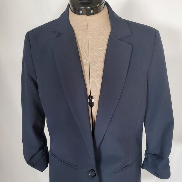 Michael Kors Women’s Blazer Size 4 Navy Blue Ruched 3/4 Sleeve Lined Classic - Picture 2 of 13